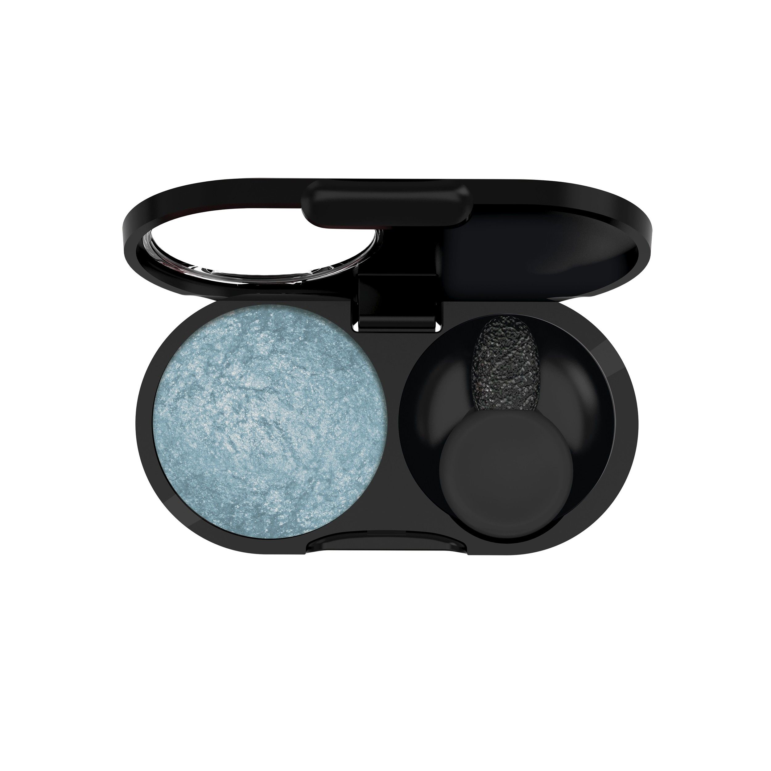 Open oogschaduwdoosje met blauwe oogschaduw en applicator.