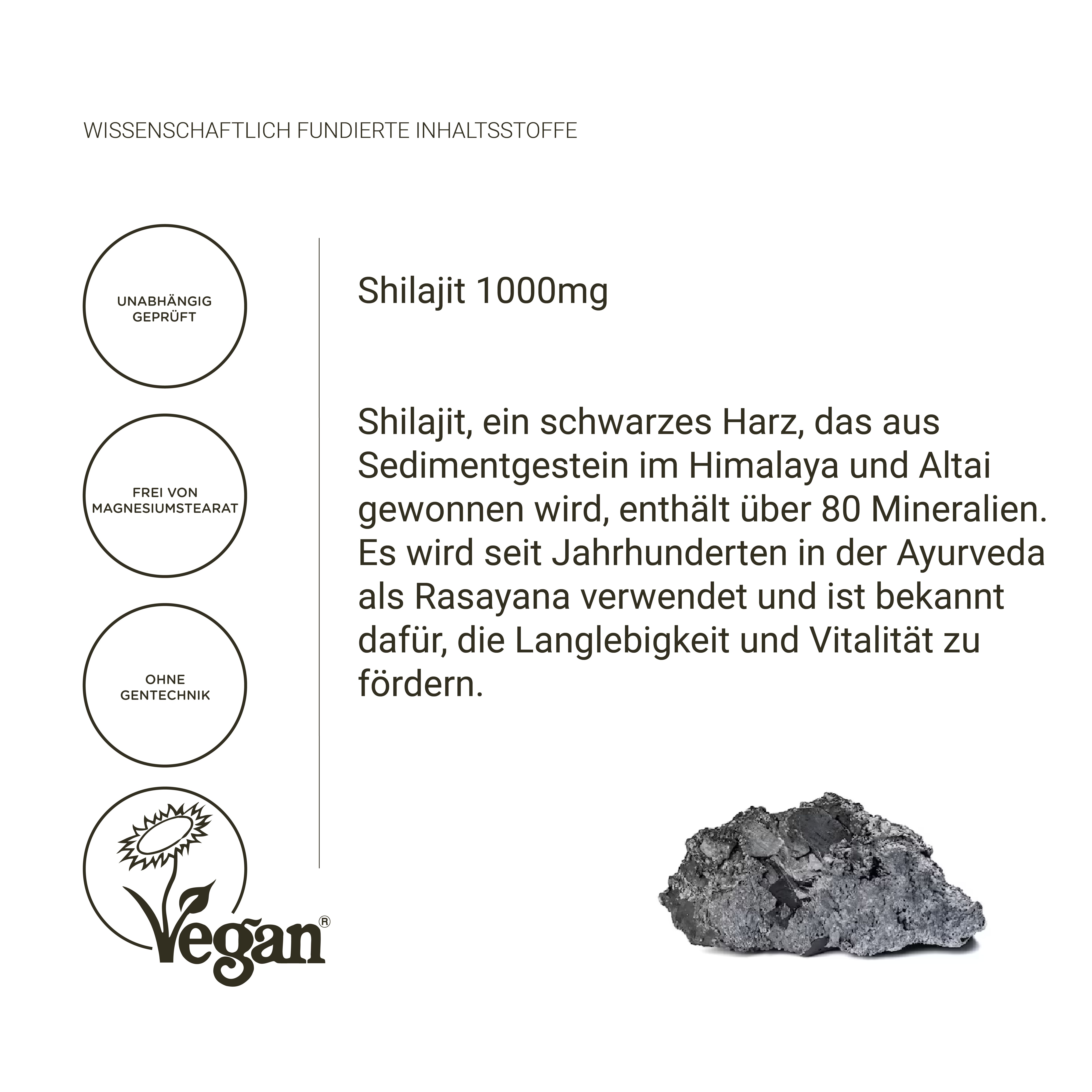Shilajit 1000mg: Résine noire de roche sédimentaire, riche en minéraux. Vegan, sans OGM et sans stéarate de magnésium.
