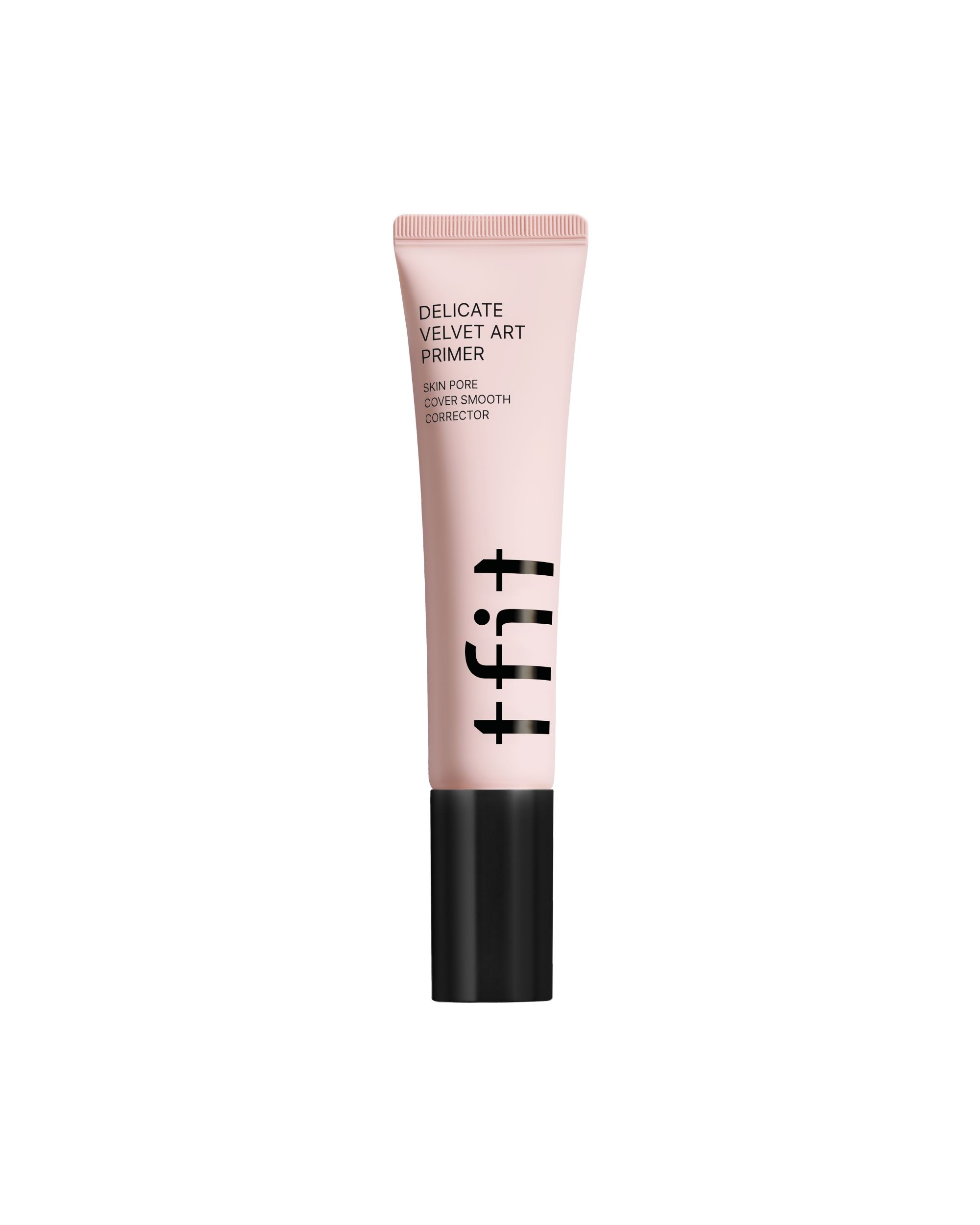 Roze tube met zwarte dop. Opschrift: Delicate Velvet Art Primer. Merk: tfit.