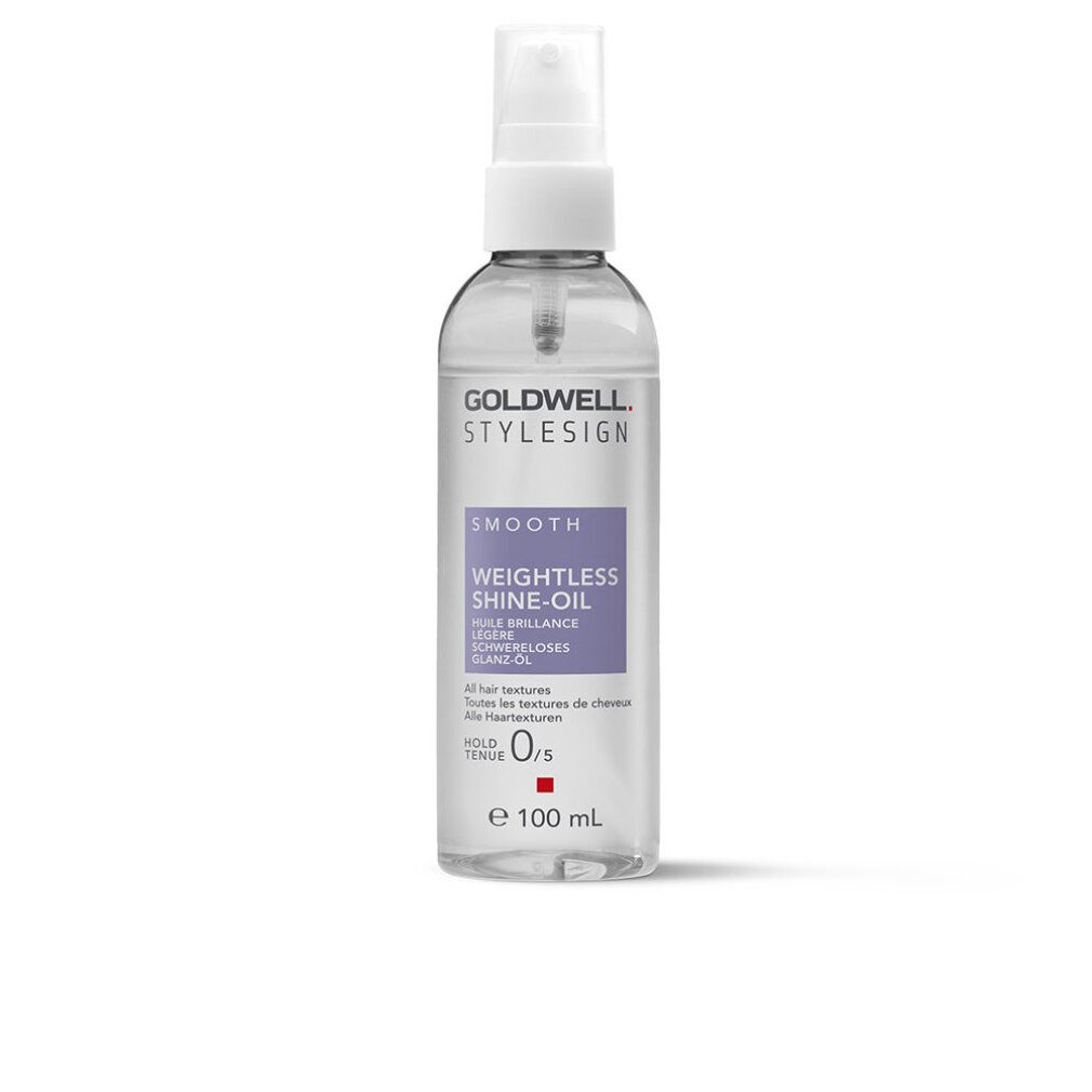 Goldwell StyleSign Smooth Weightless Shine-Öl. Transparante fles met spraykop. Paars etiket.