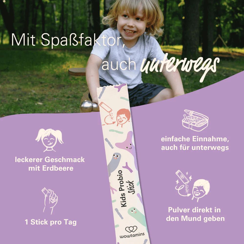 Stick WOWTAMINS Kids Probio. Tekst: Kids Probio Stick, aardbeiensmaak, 1 stick per dag, gemakkelijk in te nemen. Illustraties.