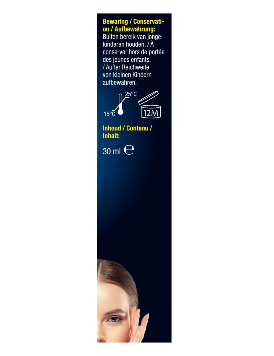 Zijkant van de verpakking. Tekst: Bewaarvoorschriften, inhoud 30 ml, houdbaarheid 12M. Temperatuuraanduiding.