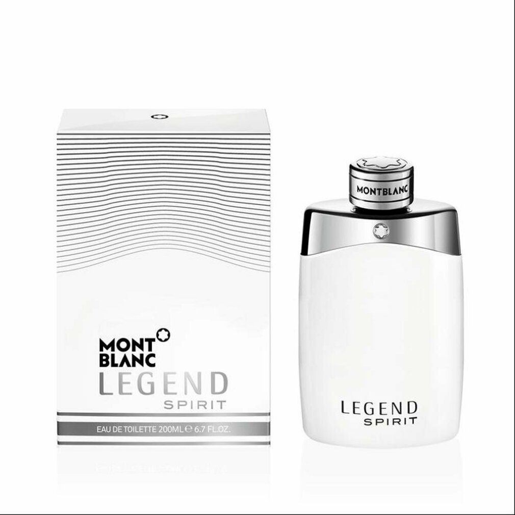 Flacon blanc d'Eau de Toilette et son emballage. Flacon avec détail argenté et bouchon. Inscription 'LEGEND SPIRIT'.