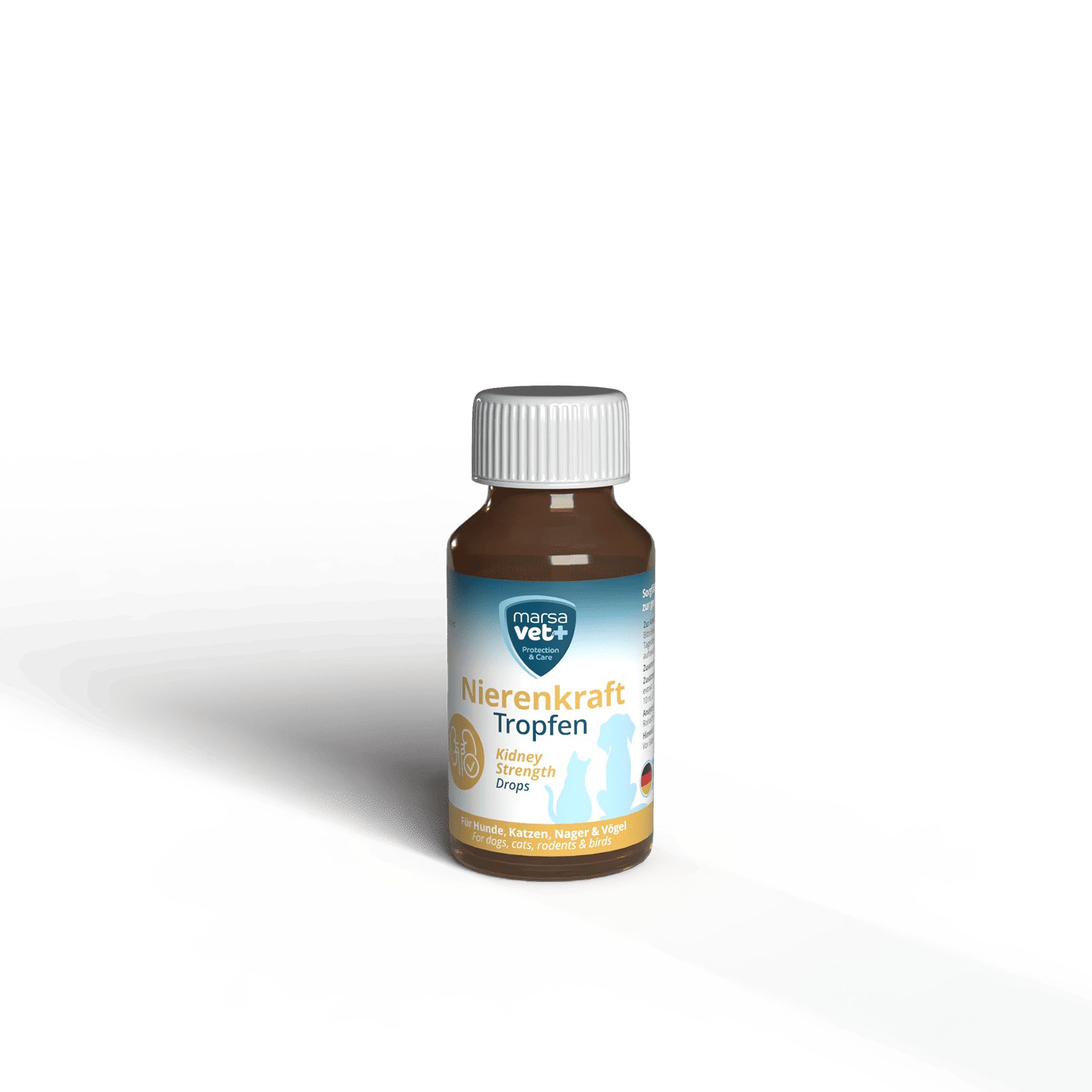 Bruine fles met witte dop. Etiket met productnaam en logo. Voor honden, katten, knaagdieren en vogels.