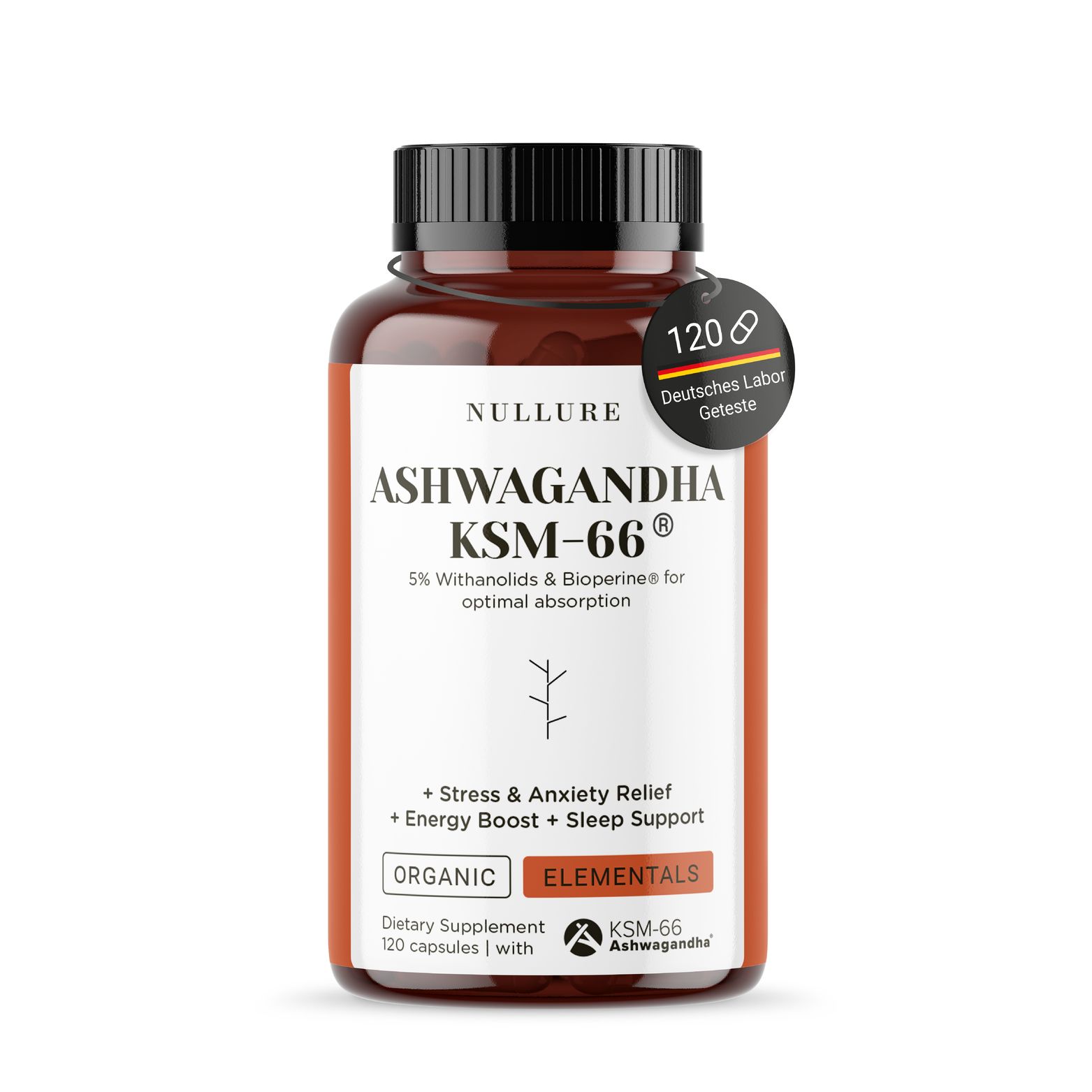 Bouteille de capsules Ashwagandha KSM-66. 120 capsules. Testé par laboratoire allemand. Bio, énergie, sommeil.