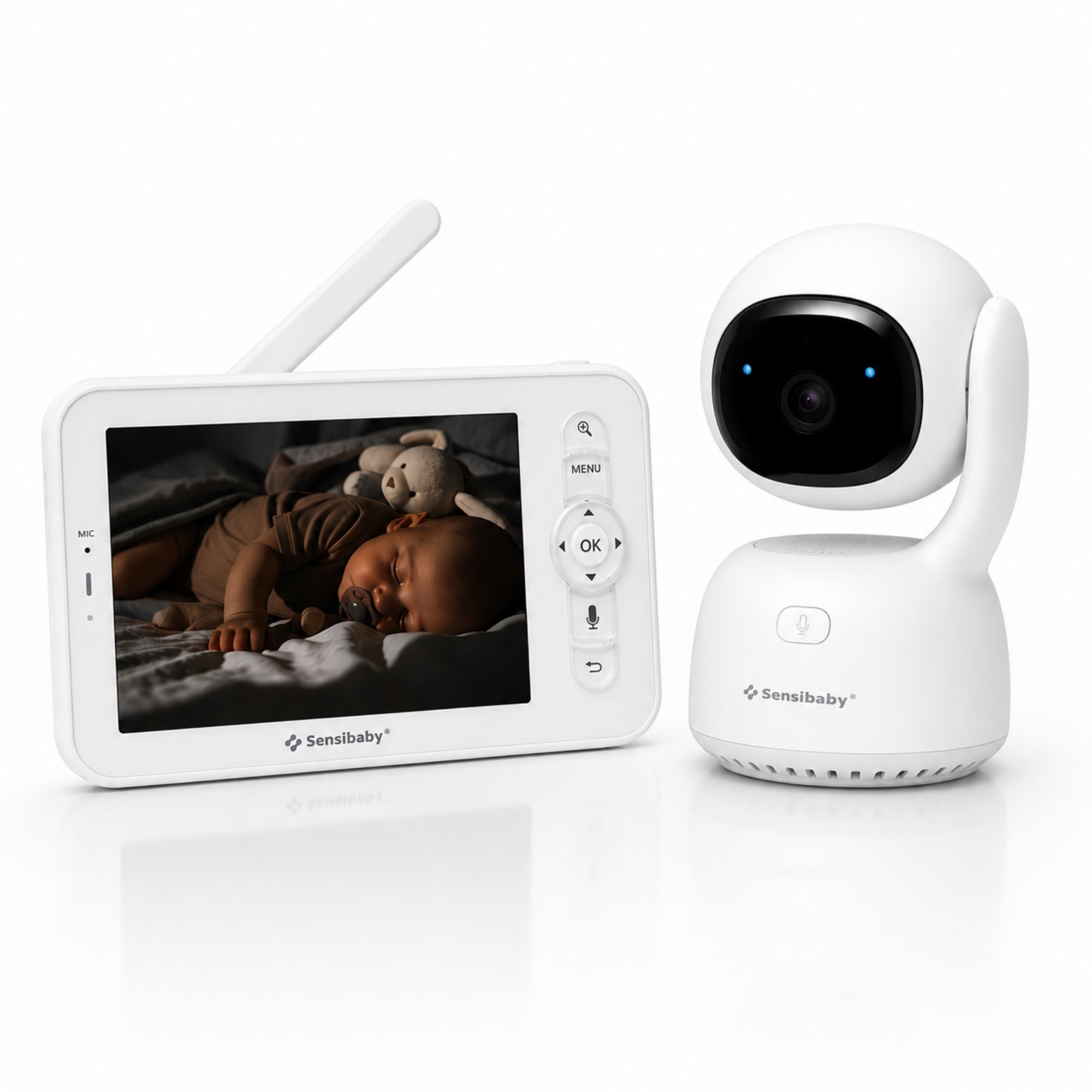 Babyfoon met camera en 5-inch monitor. Toont slapende baby. Wit design.
