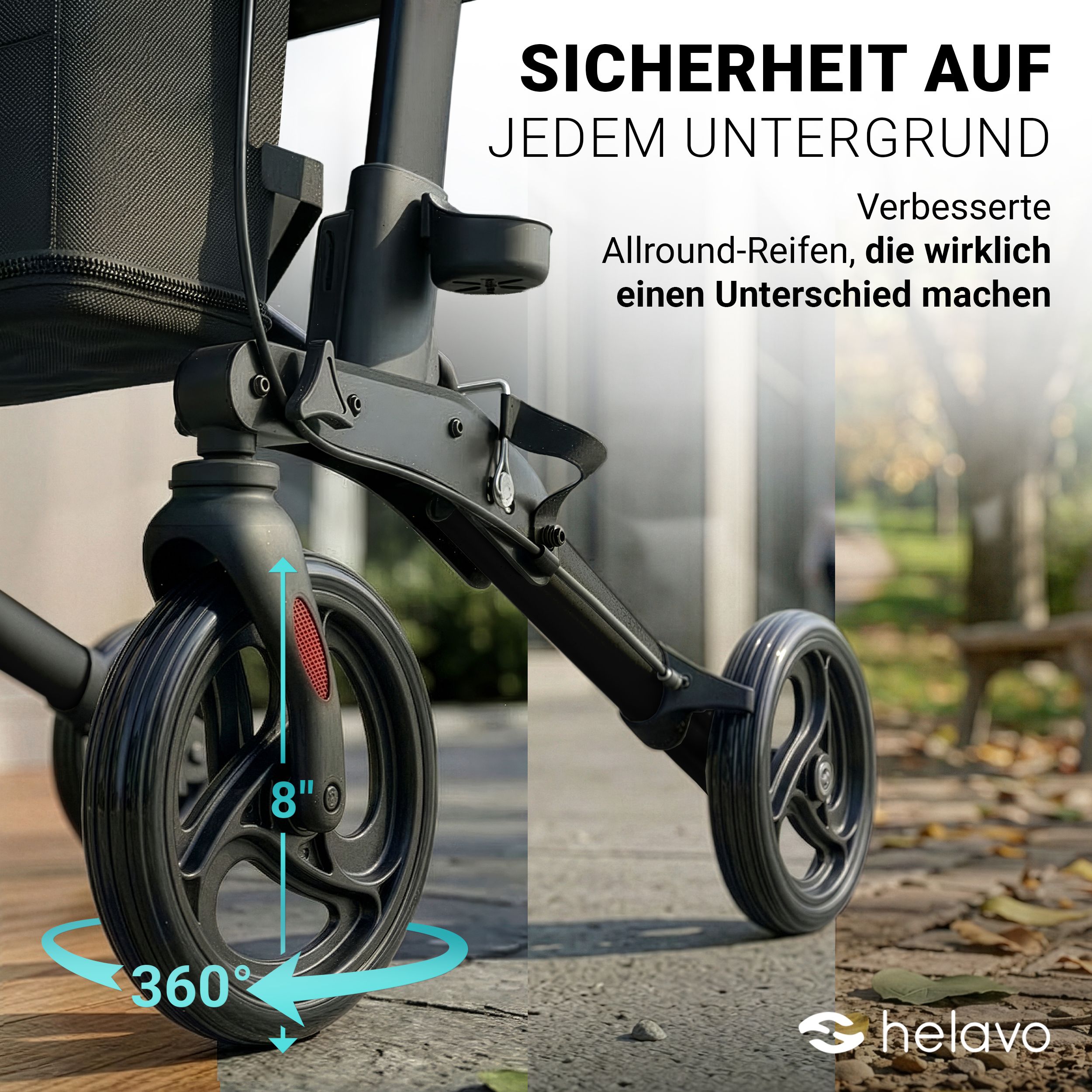 Vue détaillée des roues de 8 pouces d'un rollator Helavo pliable. Rotation à 360 degrés.