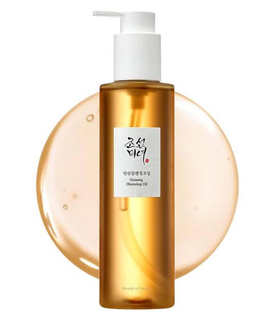 Beauty of Joseon Revive Serum: Gouden vloeistof in een pompfles, omringd door een gouden cirkel.