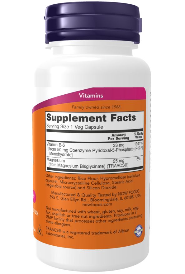 Dos du flacon. Étiquette orange avec informations nutritionnelles. Contient de la vitamine B-6 et du magnésium. Fabricant : NOW FOODS.