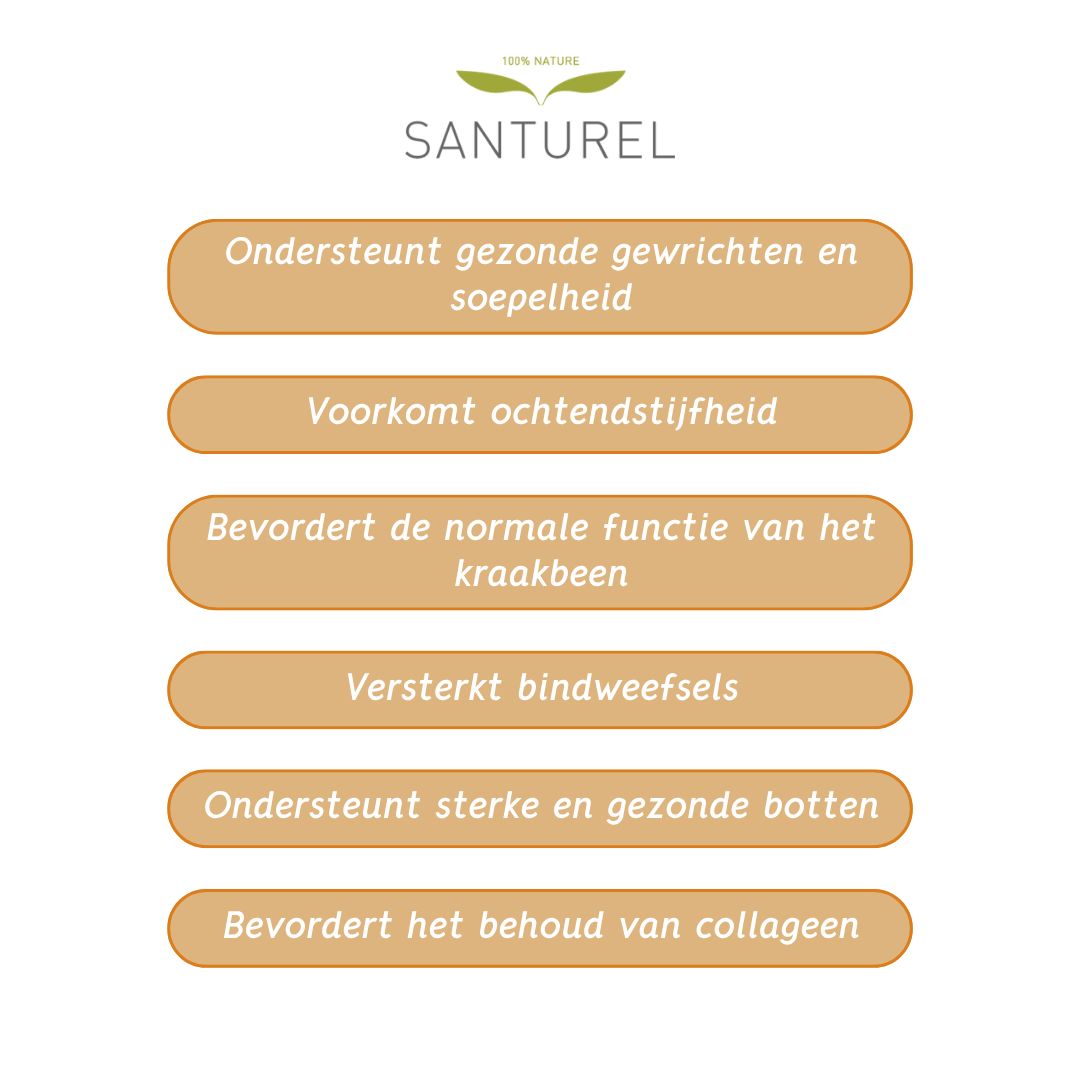 Tekstvelden: Ondersteunt gewrichten, voorkomt stijfheid, bevordert kraakbeen, versterkt weefsel, ondersteunt botten.