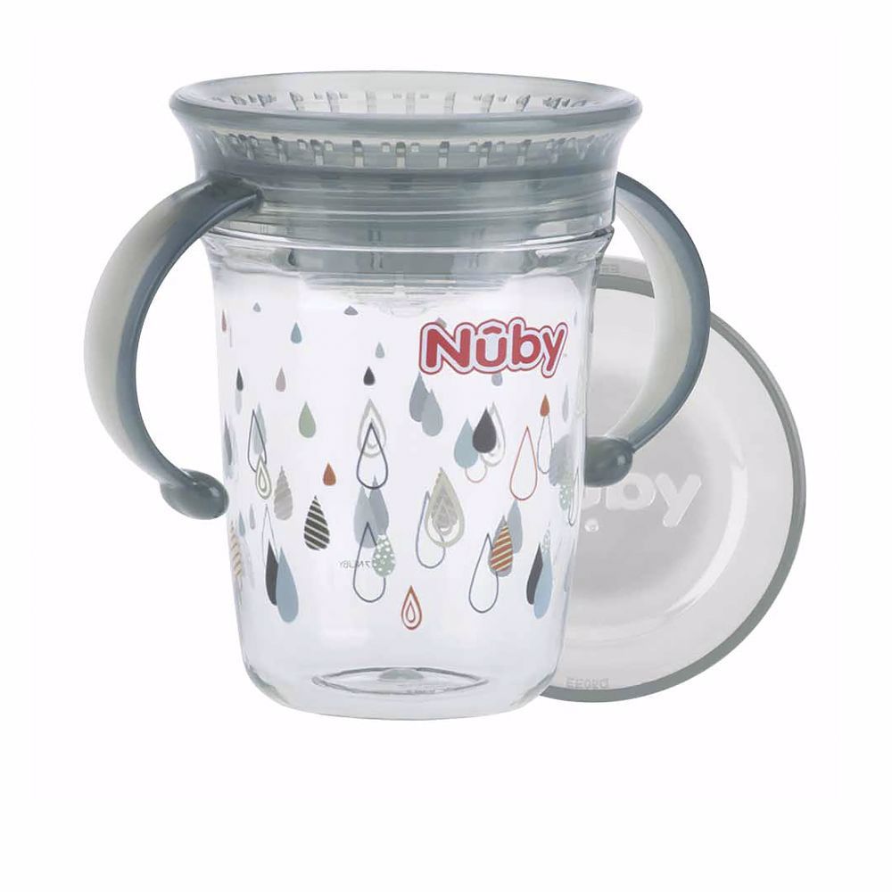Beker met handvatten en deksel. Merk Nûby. Grijze elementen. Druppelpatroon.