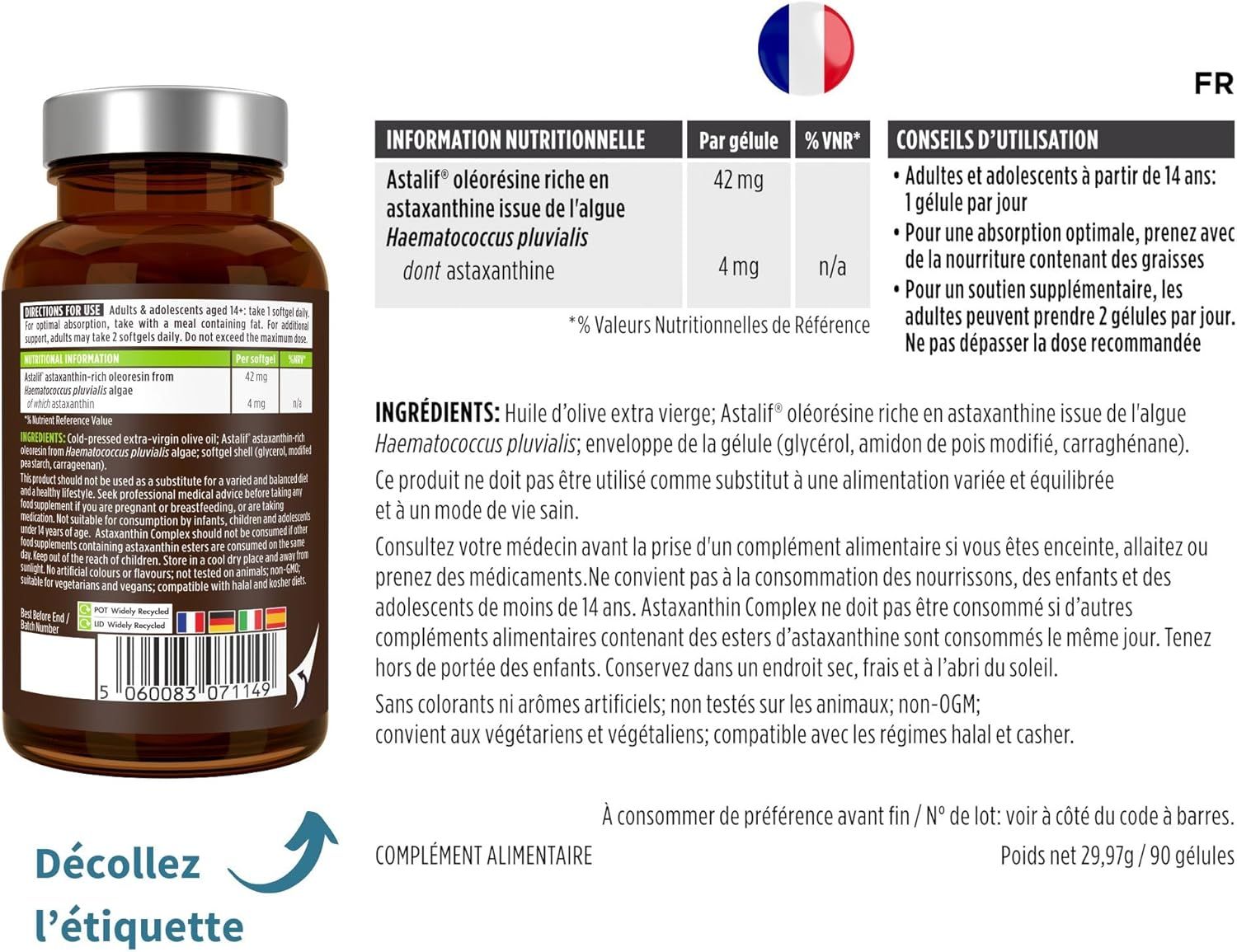 Fond vert avec des microalgues et du texte sur la production durable et végétalienne d'astaxanthine en néerlandais.