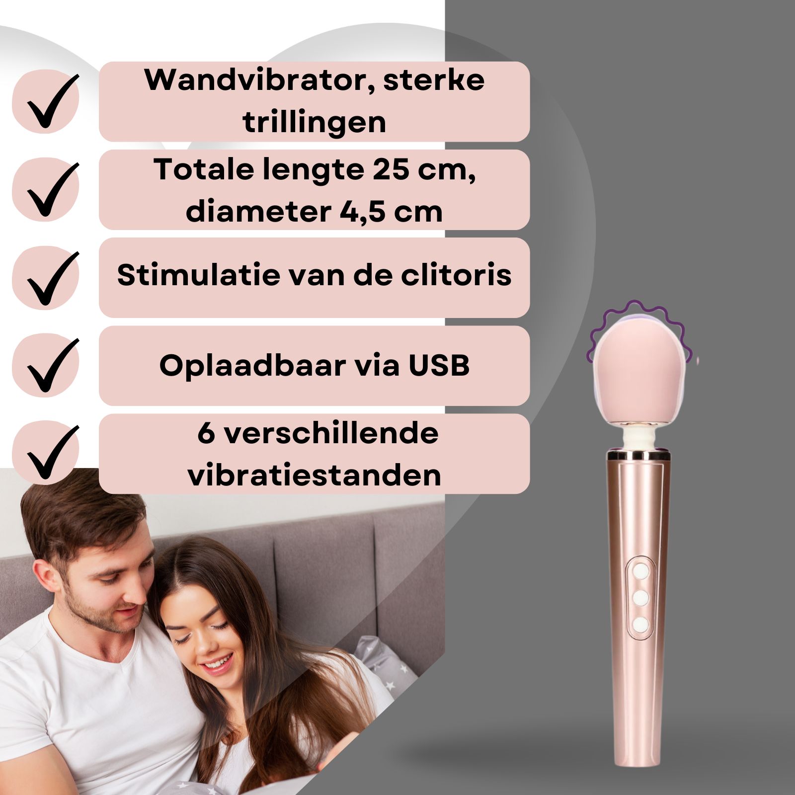 Vibrator, roze. Tekst: Wandvibrator, sterke trillingen, 25cm lang, 4,5cm diameter, USB oplaadbaar.