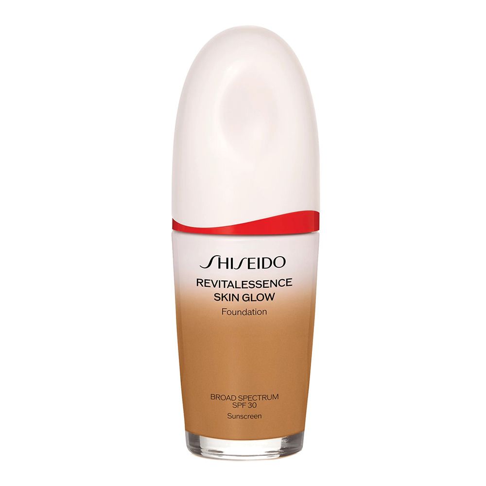 Shiseido Revitalessence Skin Glow Foundation. Flacon blanc, bouchon blanc, anneau rouge et dégradé. Texte: SPF 30.
