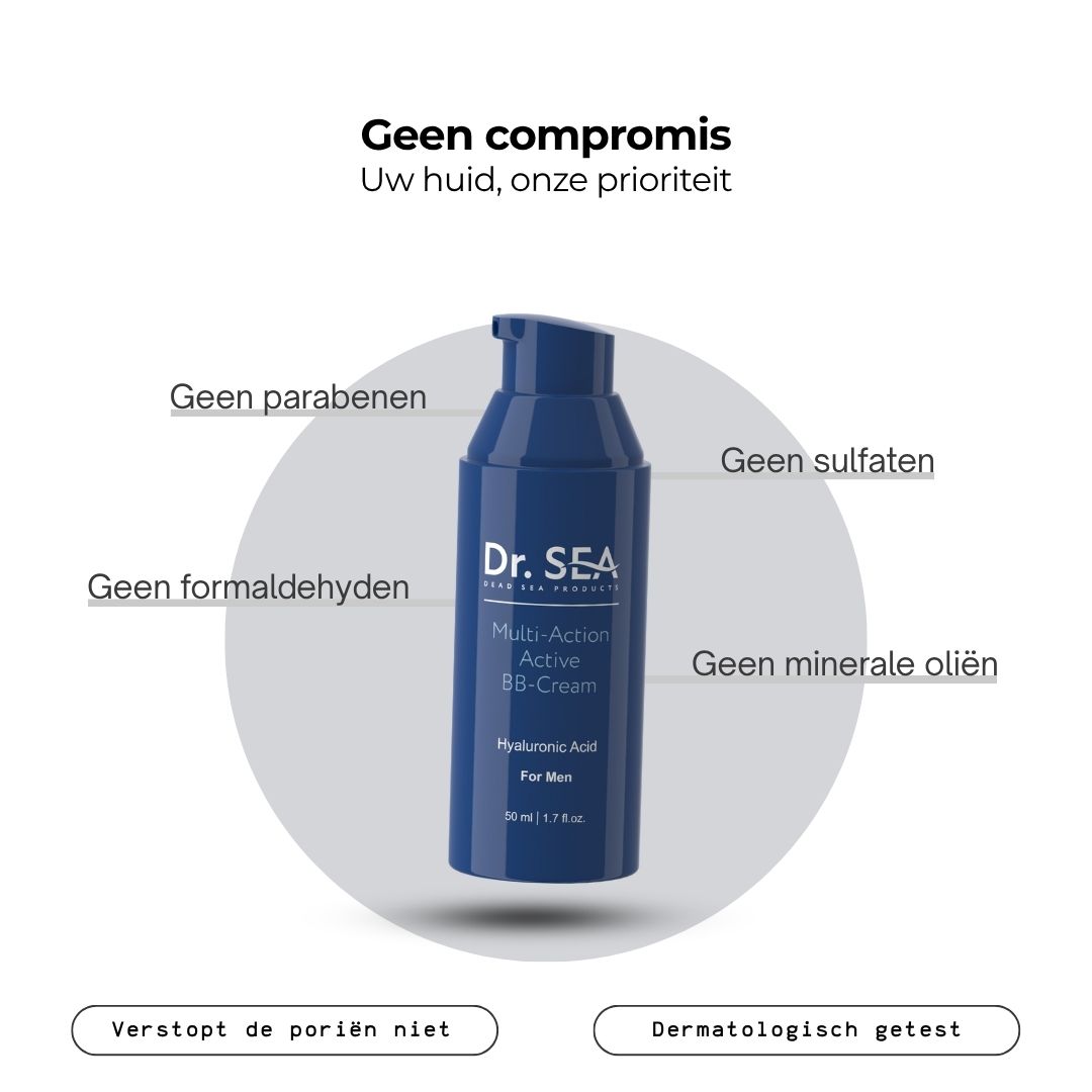 Blauwe fles met Dr. SEA Multi-Action BB-Crème voor mannen. Tekst over ingrediënten: hyaluronzuur, Centella-extract, druivenpitolie.