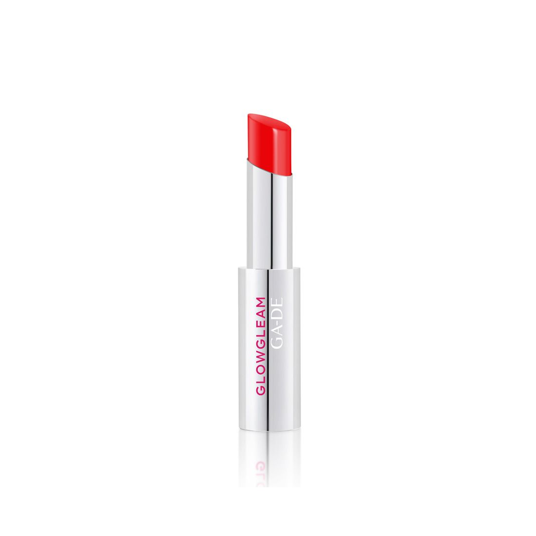 Rode lipstick met zilveren huls. Opschrift: GLOWGLEAM, GA-DE.