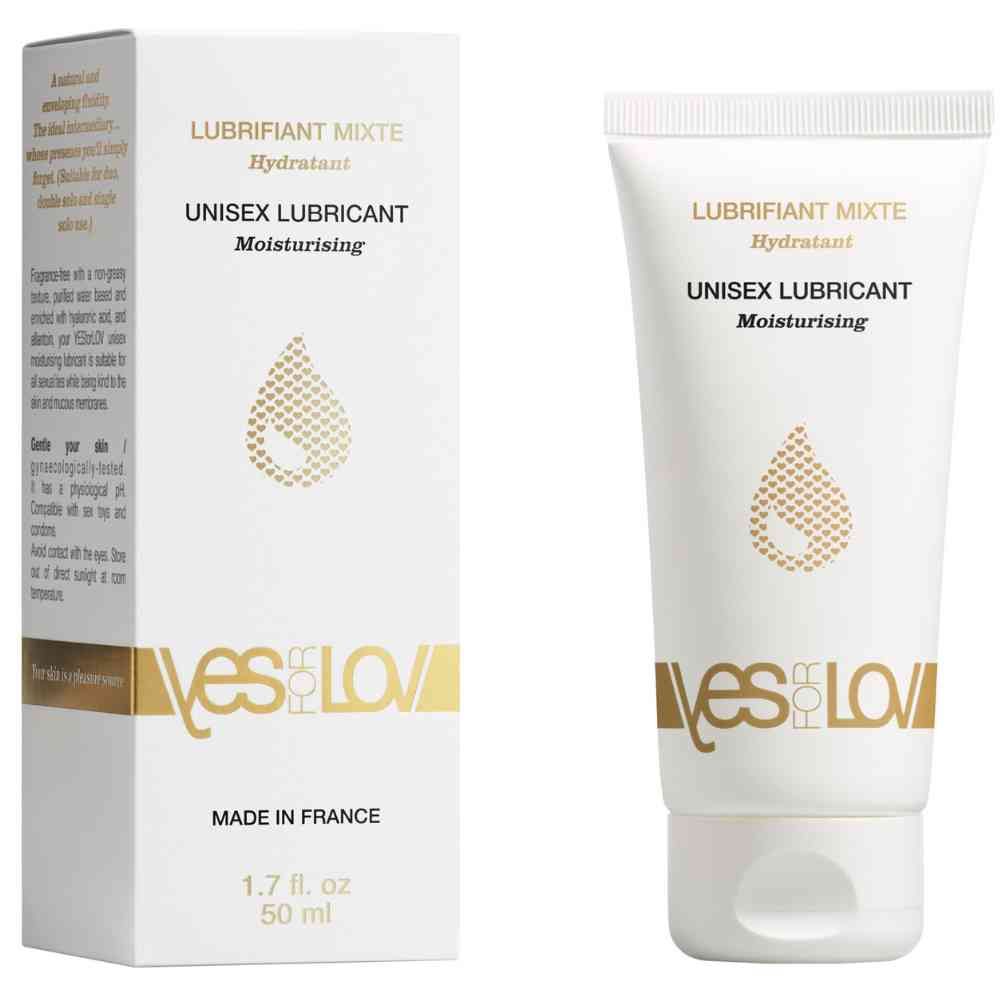 Witte tube en doos. Opschrift: LUBRIFIANT MIXTE, UNISEX LUBRICANT, Moisturising. Merk: YESforLOV. Made in France. 1.7 fl. oz 50 ml.