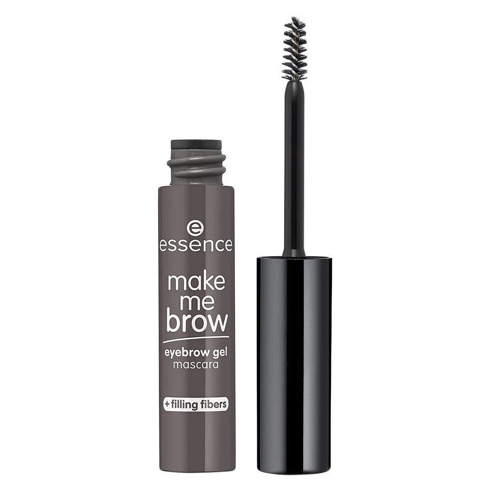 Mascara gel pour sourcils avec brosse. Flacon avec bouchon noir et nom du produit. Brosse avec poils. Marque : Essence Make Me Brow.