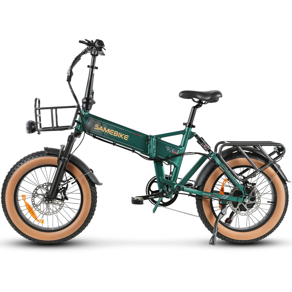Groene SAMEBIKE XWLX09-II elektrische fiets met mand, bagagedrager en brede banden. Zwarte details, bruine banden.