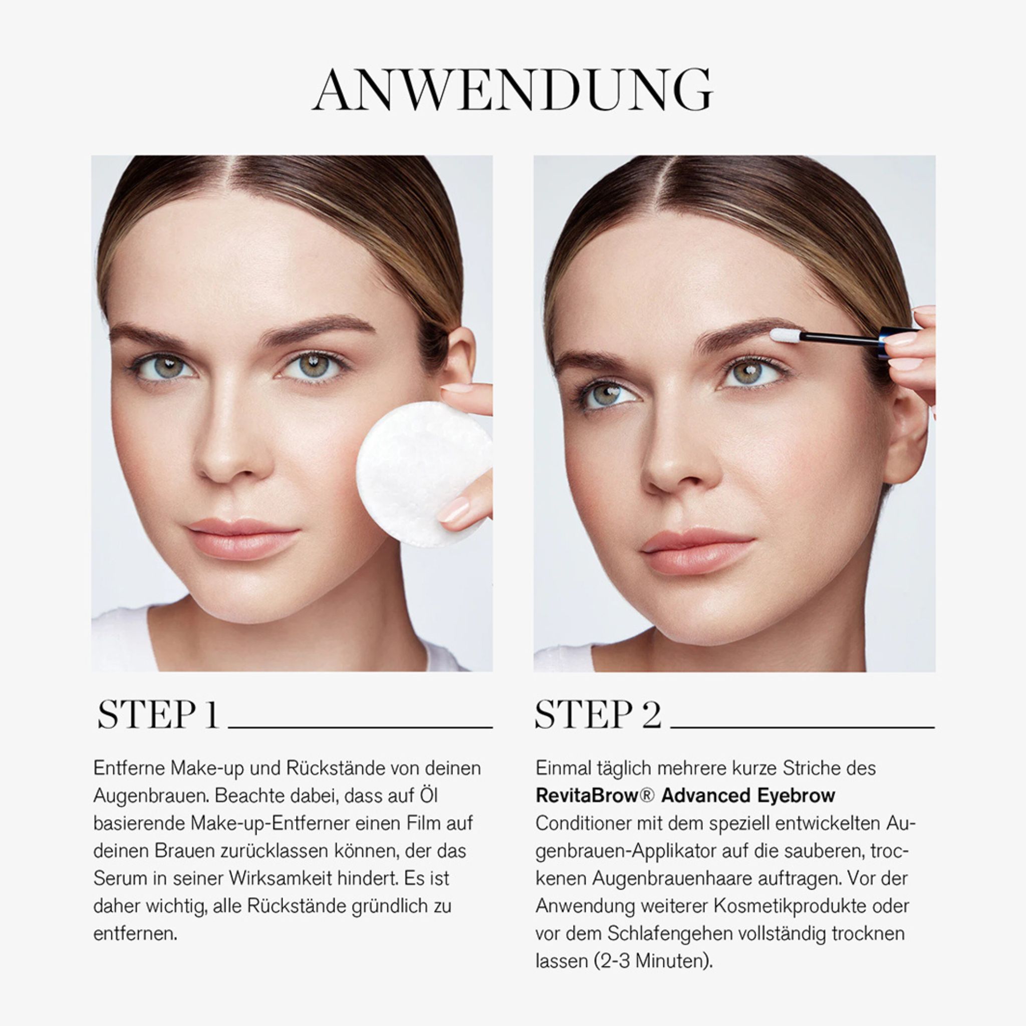 Twee afbeeldingen tonen de toepassing. Make-up verwijderen en het product aanbrengen met een applicator.