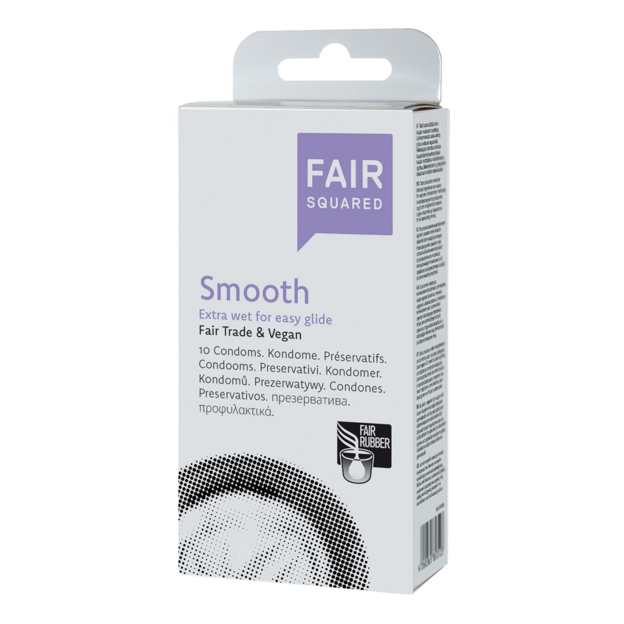 Verpakking Fair Squared Smooth condooms, 10 stuks. Fair Trade & Vegan gecertificeerd.
