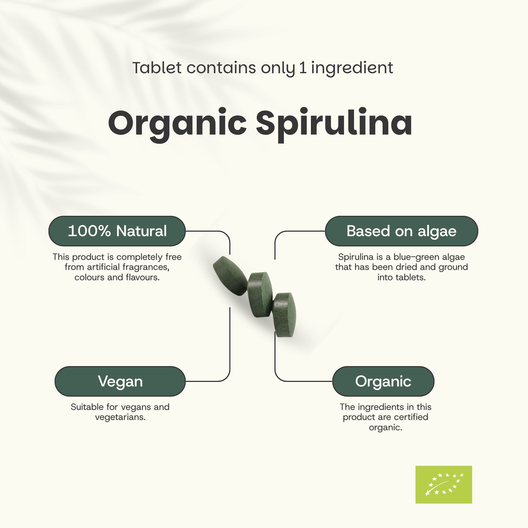 Texte : Spiruline biologique. 100% naturel. Végétalien. Biologique. Trois comprimés verts. Label bio.