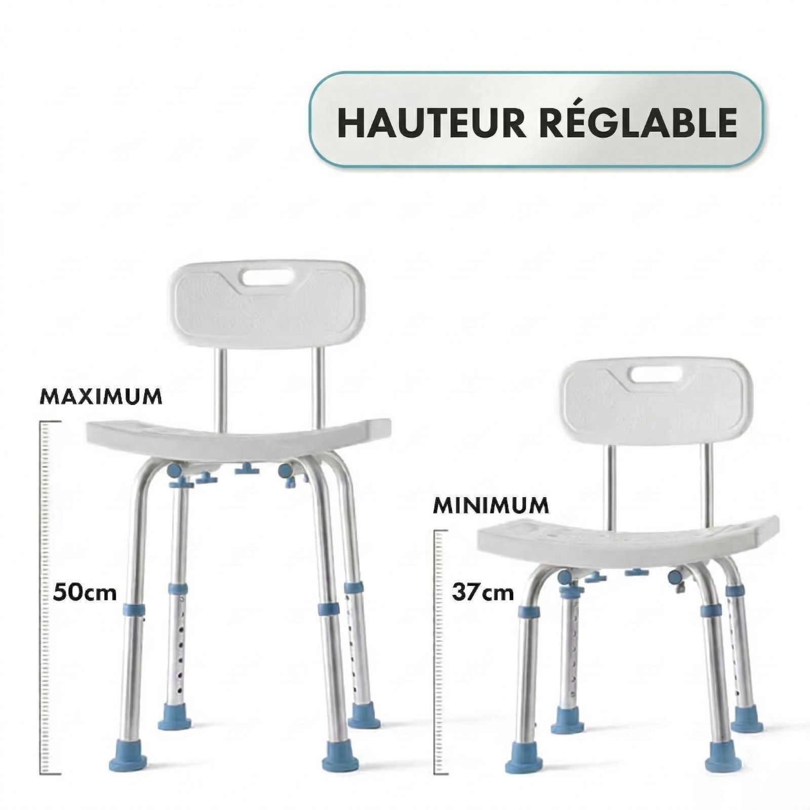 Chaise de douche avec dossier. Réglable en hauteur. Hauteur maximale et minimale.