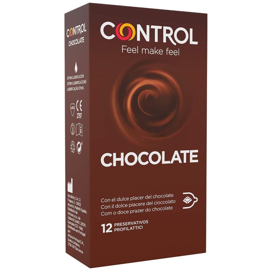 Emballage marron avec logo "CONTROL CHOCOLATE". Image d'un tourbillon de chocolat. Texte : "12 PRESERVATIVOS PROFILATTICI".