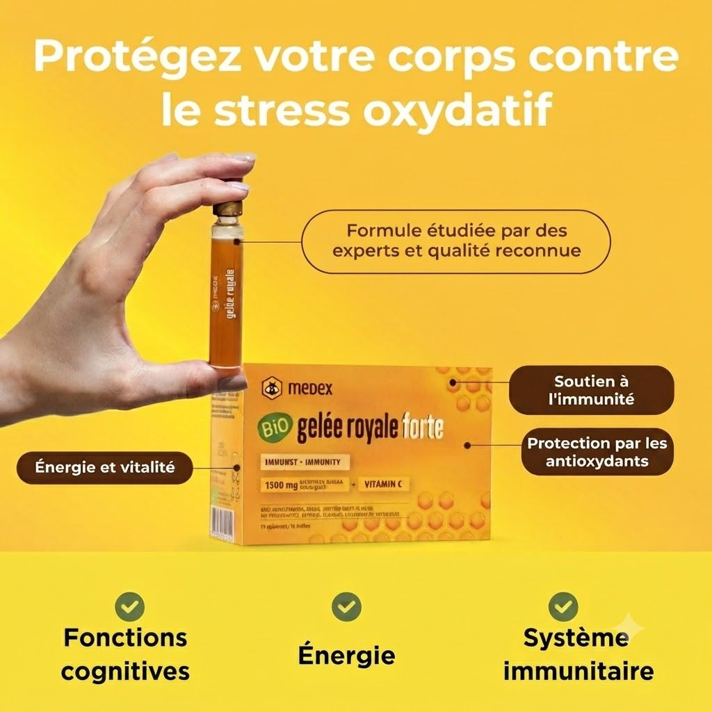 Ampoule dorée Medex Gelée Royale, entourée de rayons de miel, d'abeilles et de fleurs.