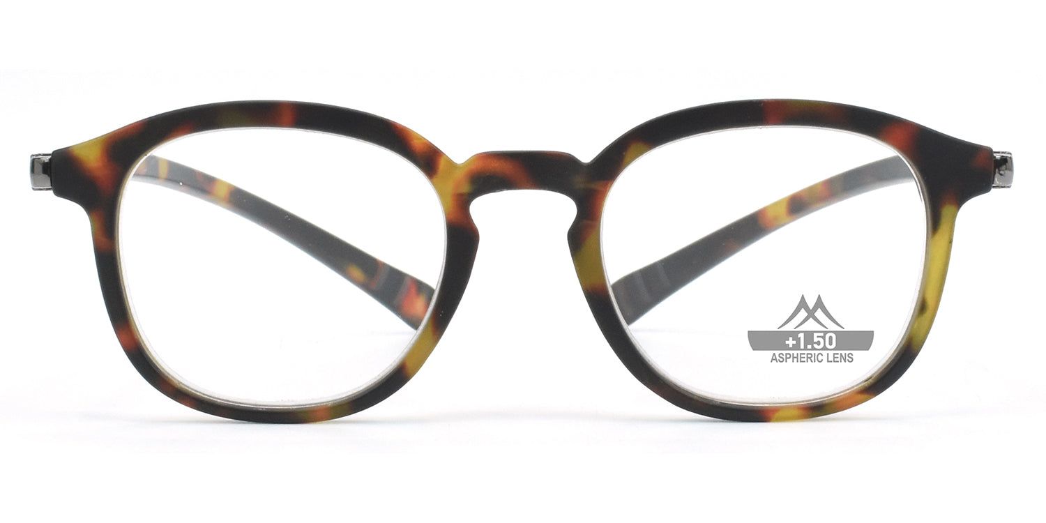 Lunettes de lecture rondes, monture marron. Verres avec inscription "+1,50 ASPHERIC LENS".