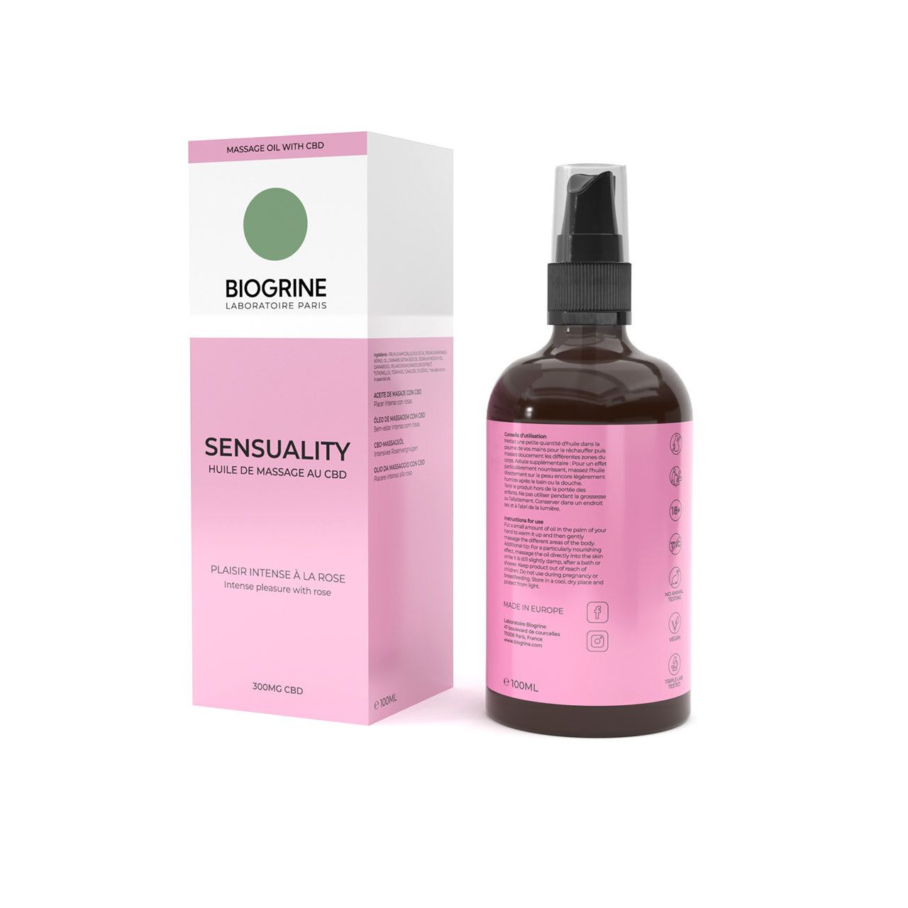 Flacon d'huile de massage et emballage. Étiquette rose avec texte. Marque BIOGRINE. Flacon avec pompe.