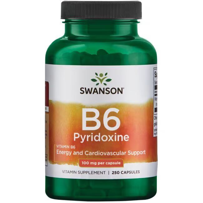Groene fles met wit etiket. Opschrift: SWANSON B6 Pyridoxine, 100 mg per capsule. 250 capsules.