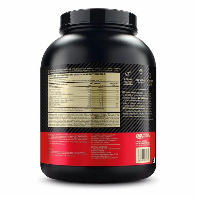 Achterkant van de Optimum Nutrition Gold Standard 100% Whey Proteïne pot met voedingsinformatie en instructies.