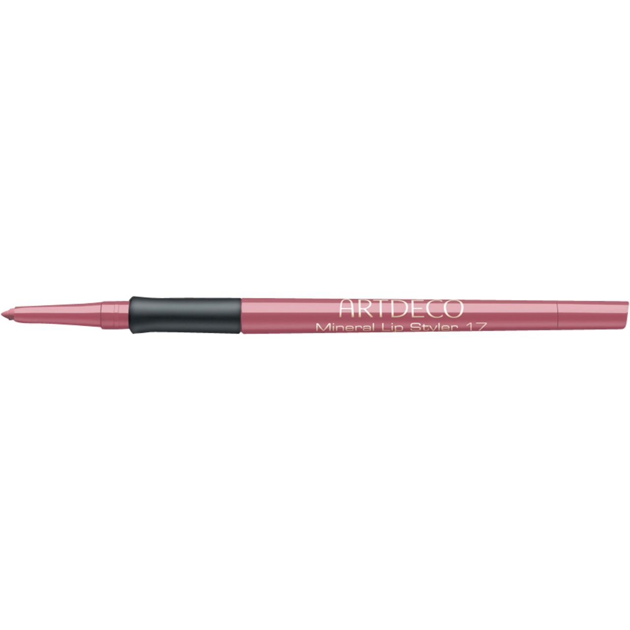 Artdeco lippenstift. Roze potlood met zwart middengedeelte. Opschrift: Mineral Lip Styler 17.