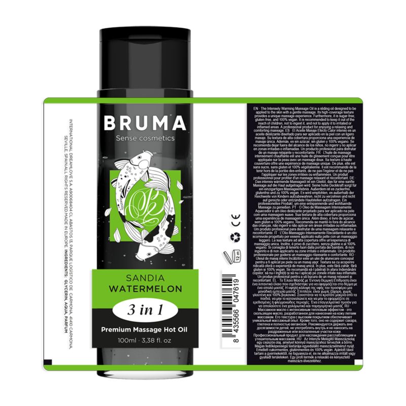 Bruma massageolie fles met etiket en achterkant met productinformatie en barcode.