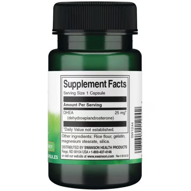 Achterkant van een groene fles met zwarte dop. Label met "Supplement Facts" en ingrediënten.