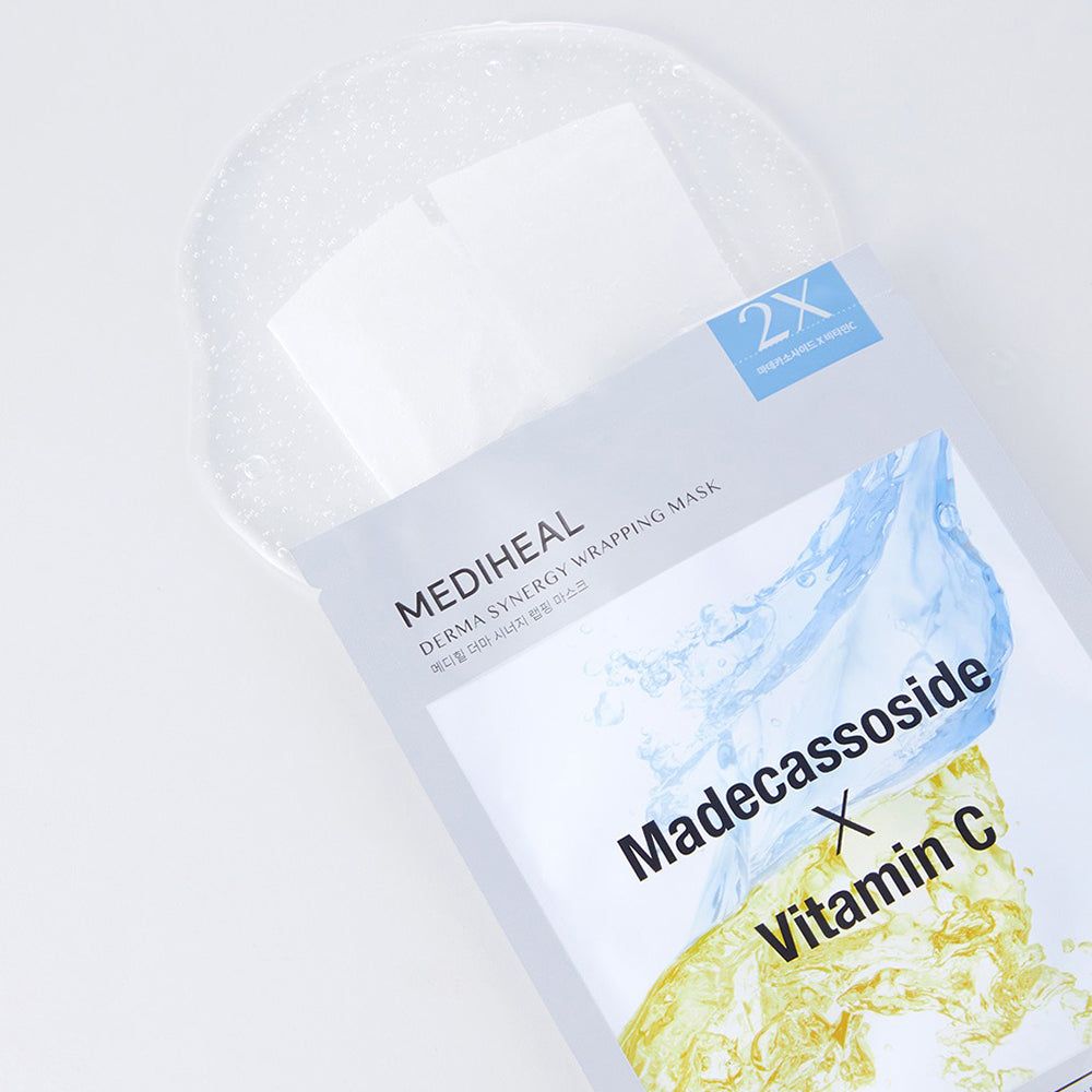 Verpakking met twee gezichtsmaskers. Opschrift: Madecassoside X Vitamin C. Merk: MEDIHEAL Derma Synergy Wrapping Mask.