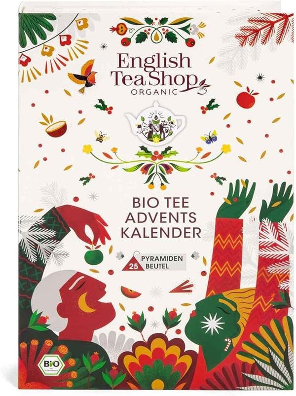 Adventskalender met thee. Witte doos met illustraties en tekst. Logo: English Tea Shop Organic. Opschrift: BIO Tee Adventskalender.