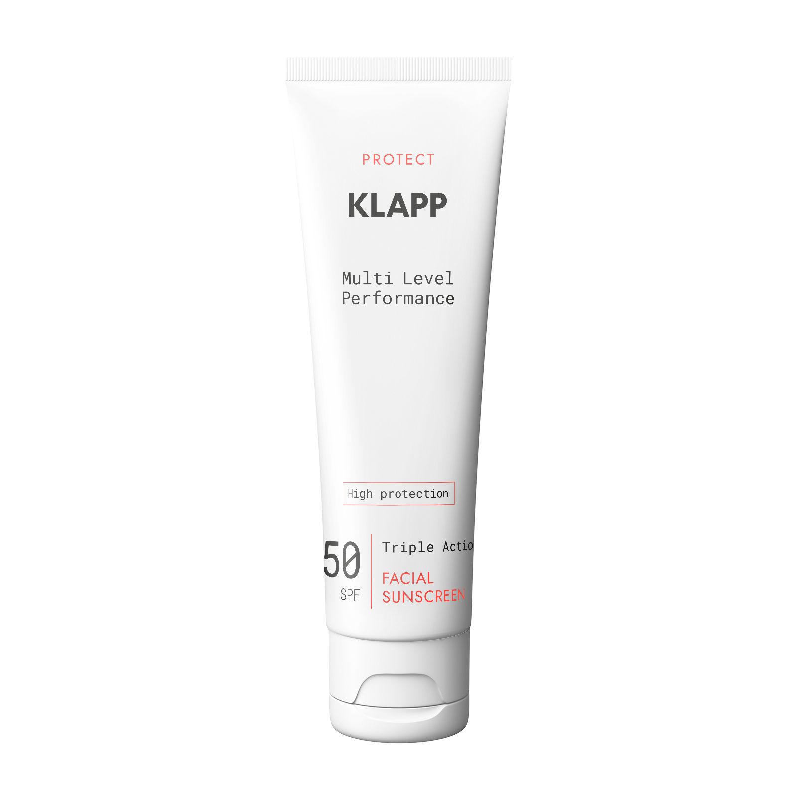 Witte tube met productinformatie. Klapp-logo, SPF 50, Triple Action Facial Sunscreen.