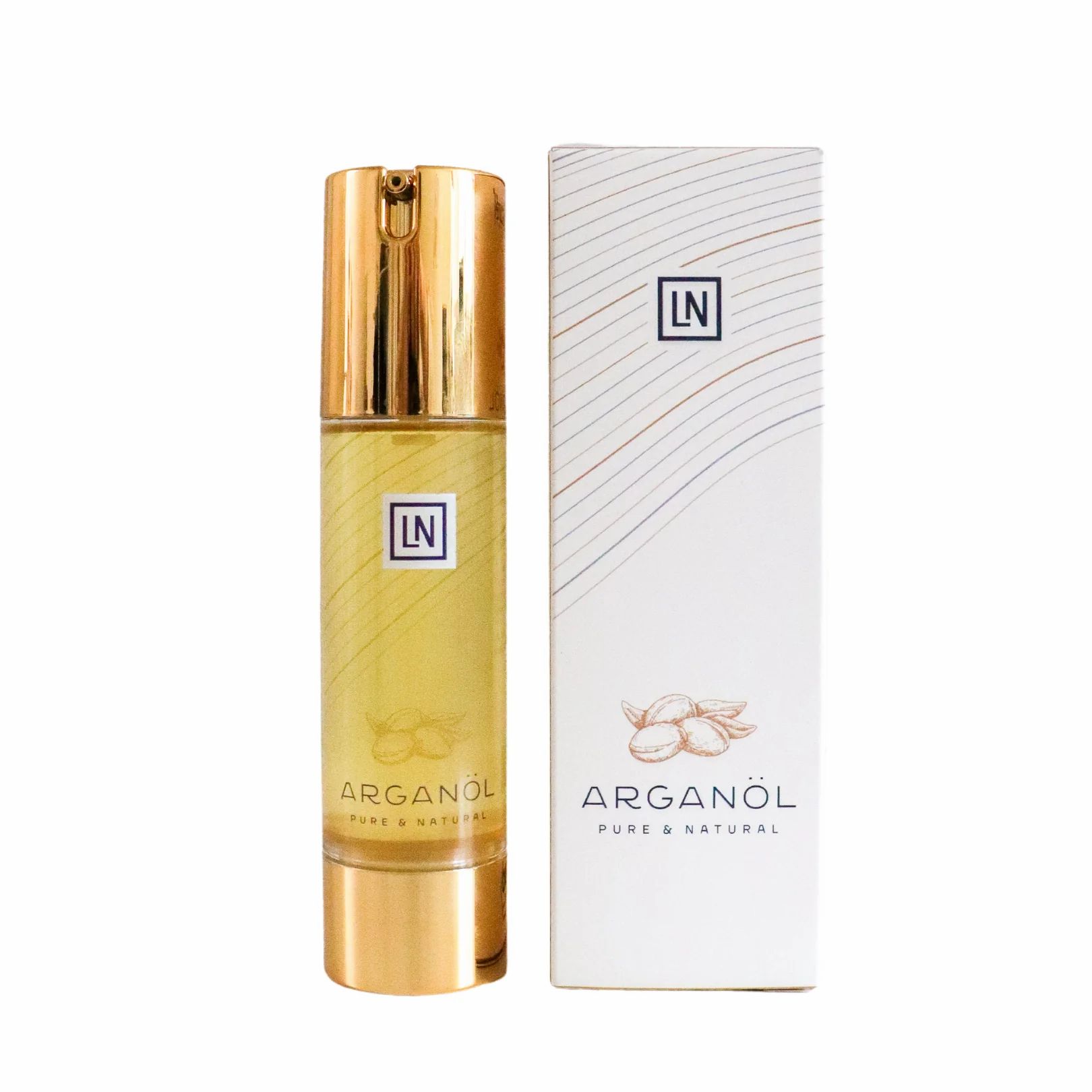 Arganolie fles en verpakking naast elkaar. Fles met gouden dop. Verpakking wit met logo LN.
