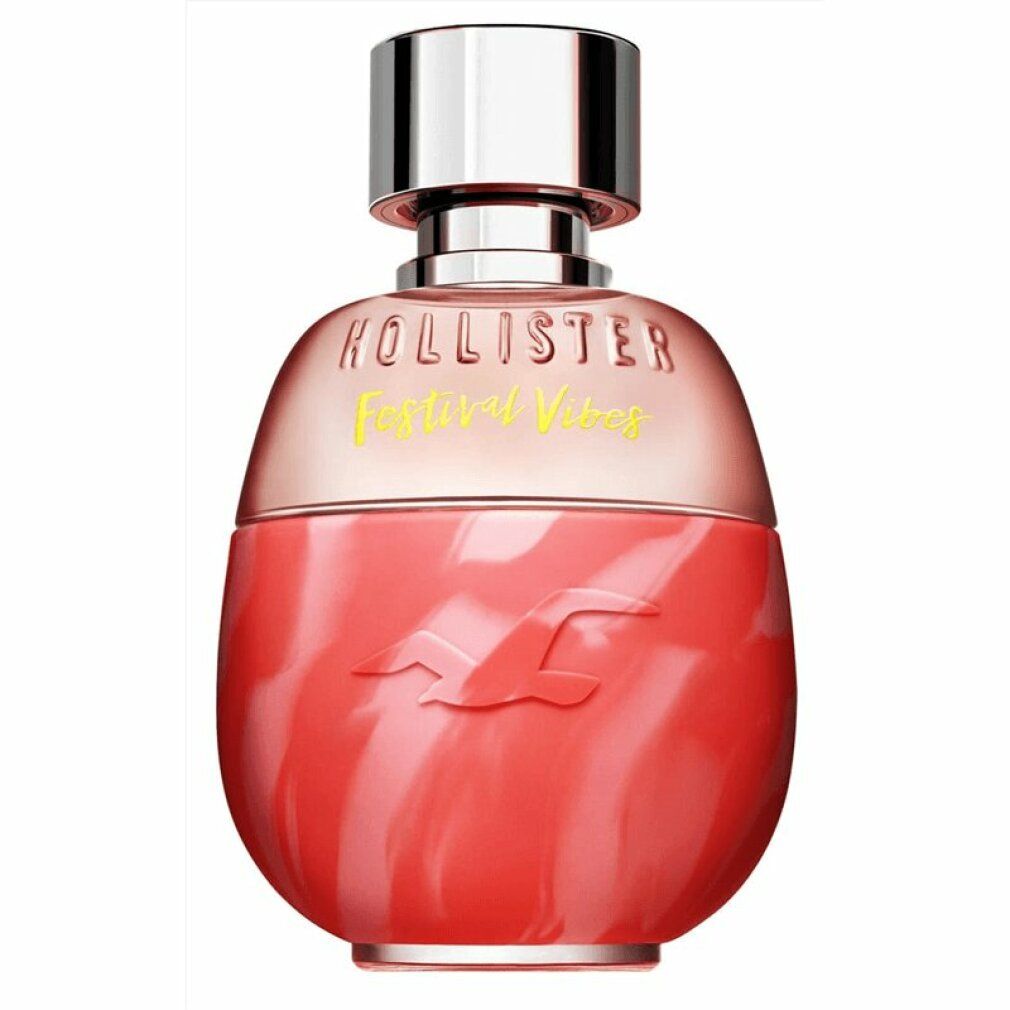 Rode fles met zilveren dop. Opschrift: Hollister Festival Vibes. Fles met zilveren dop.