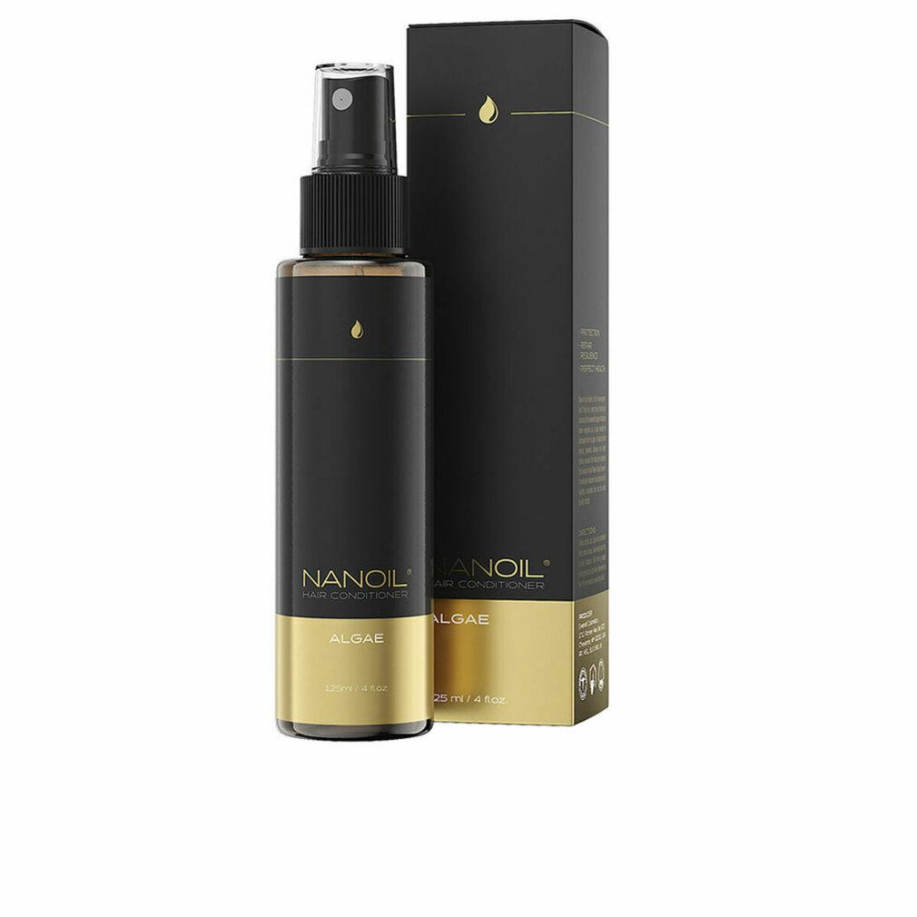 Flacon noir avec vaporisateur et détails dorés. Inscription: NANOIL Hair Conditioner Algae. Emballage vertical à côté.