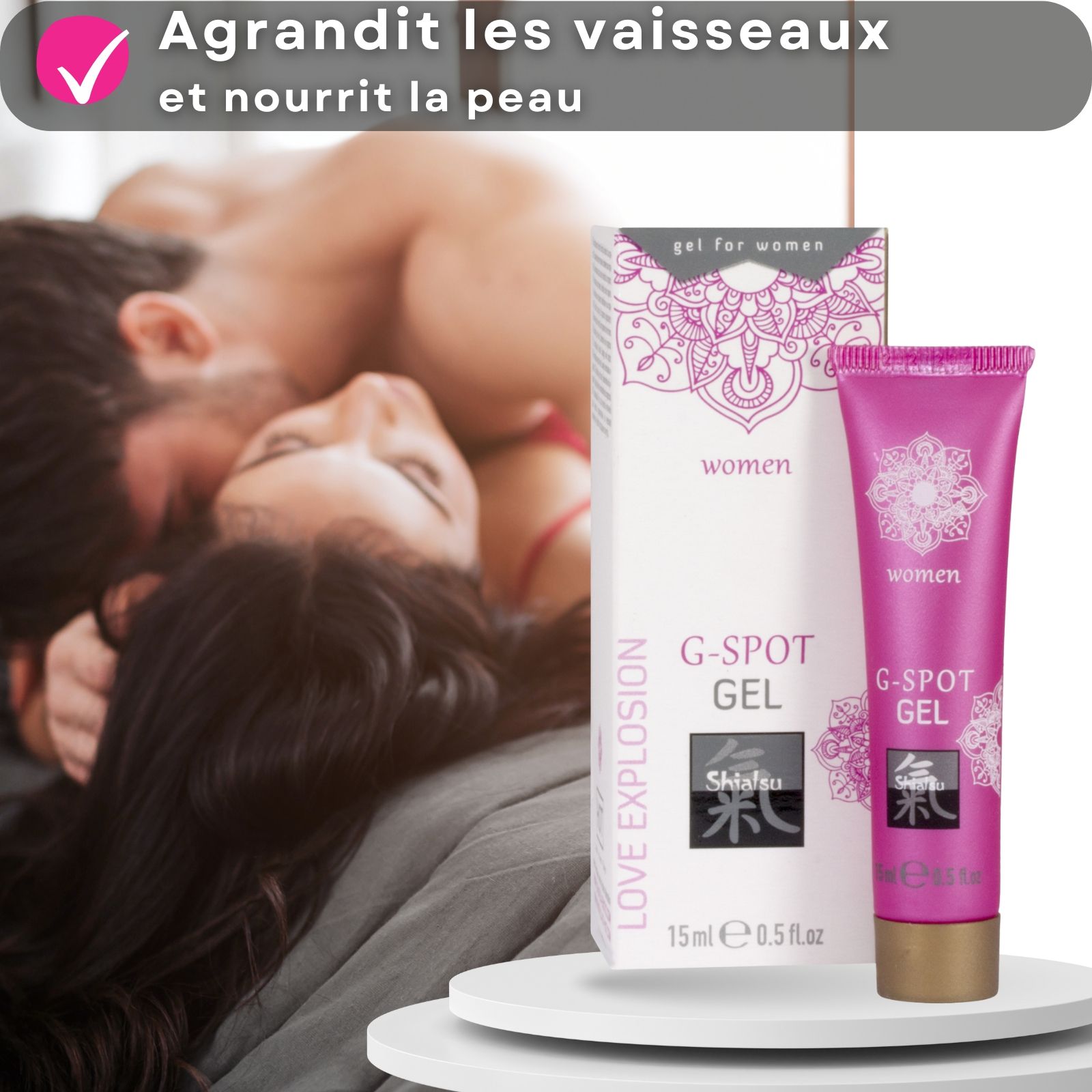Produit et couple. Tube et boîte roses. Texte : G-Spot Gel. Avantages : vaisseaux, soin de la peau.