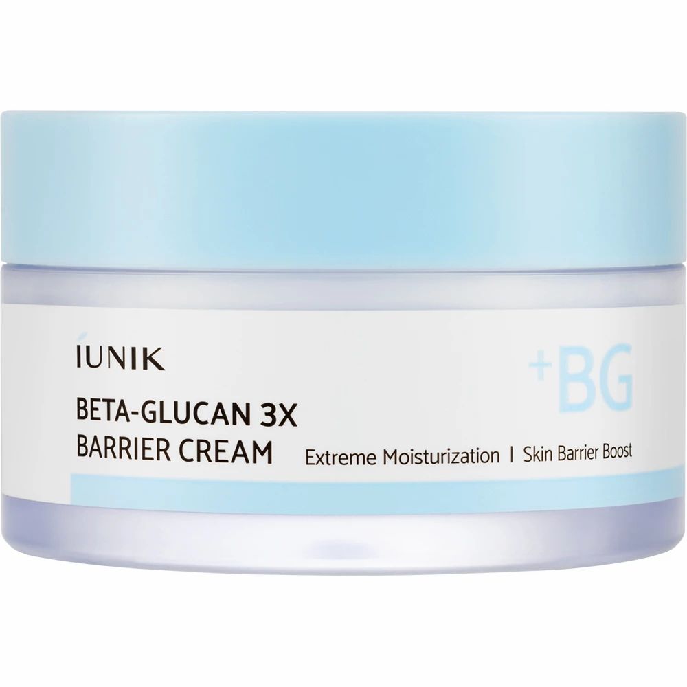 Pot de crème avec couvercle bleu. Inscription : iUNIK, Beta-Glucan 3X Barrier Cream. Lignes de texte supplémentaires.