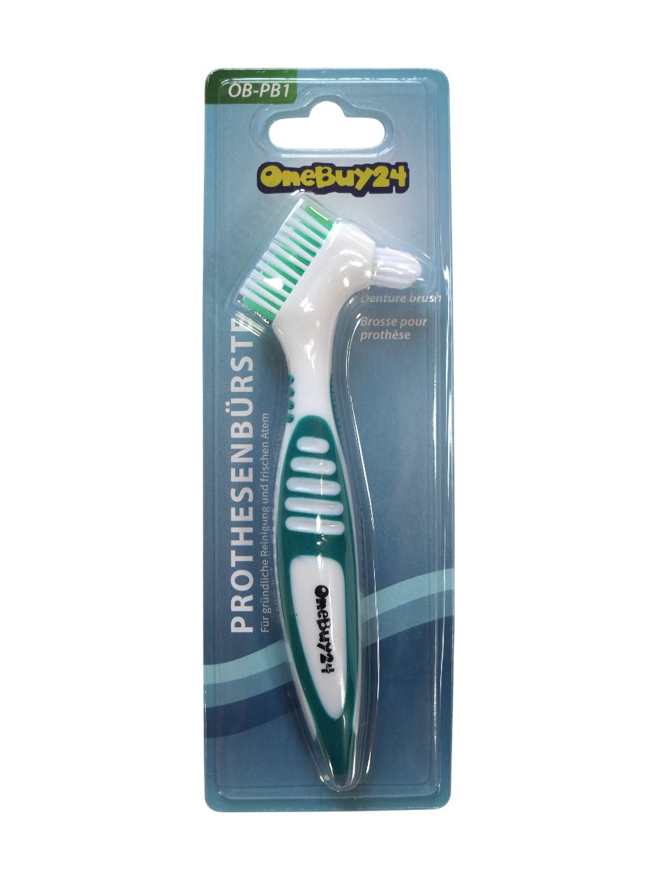 Brosse à prothèse en blister. Tête de brosse blanche, manche vert. Impression : OneBuy24, brosse pour prothèse.
