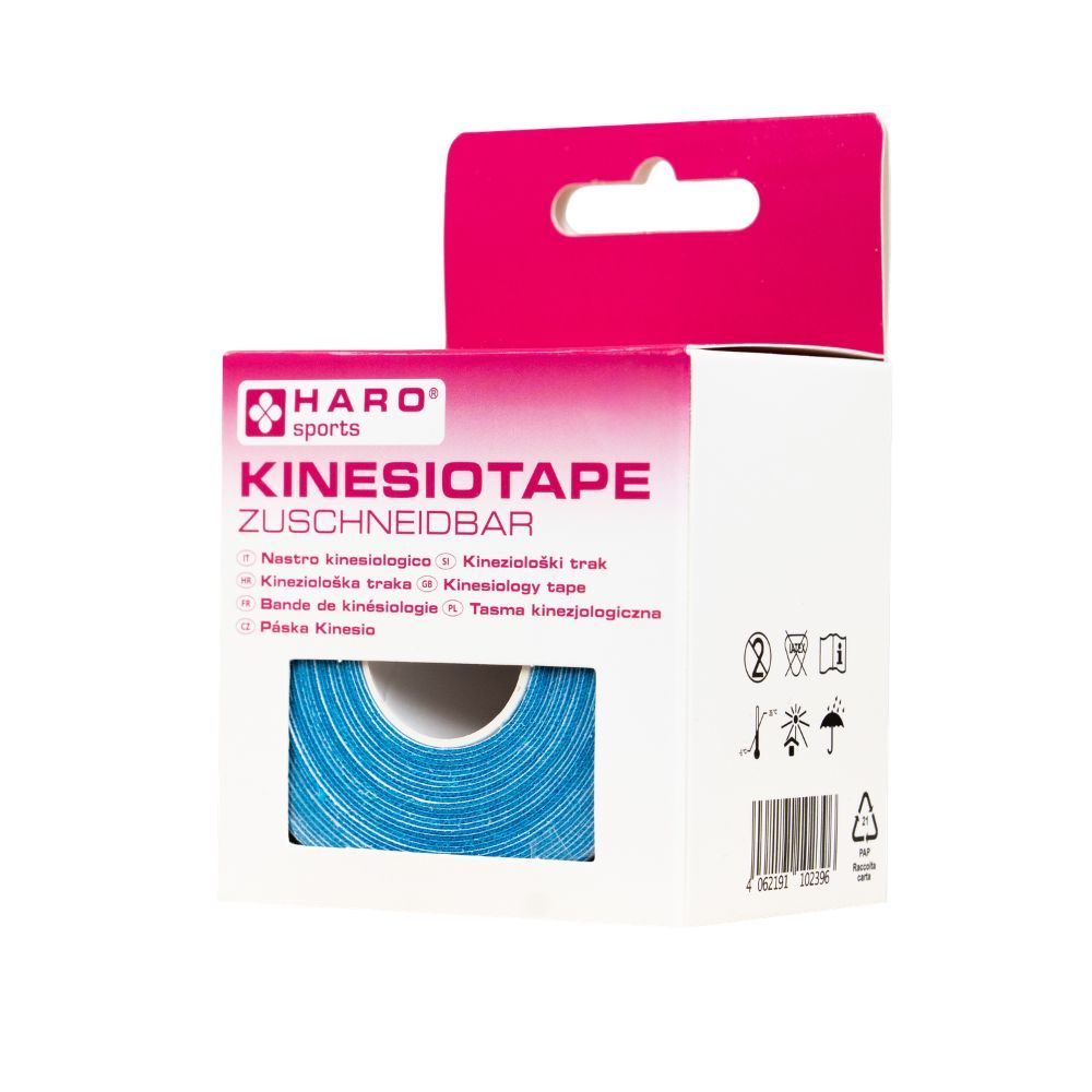Blauwe kinesiotape op rol in verpakking. Merk HARO SPORTS. Opschrift: KINESIOTAPE ZUSCHNIDBAR. Verpakking met symbolen.
