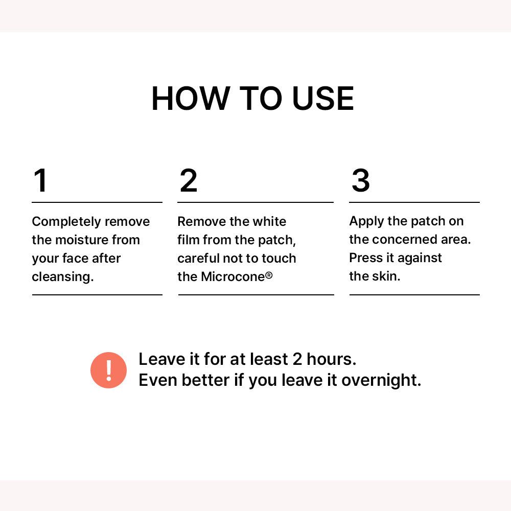 Instructies: Reinig de huid, verwijder de beschermfolie, breng de patch aan en laat deze 2 uur of een nacht intrekken.