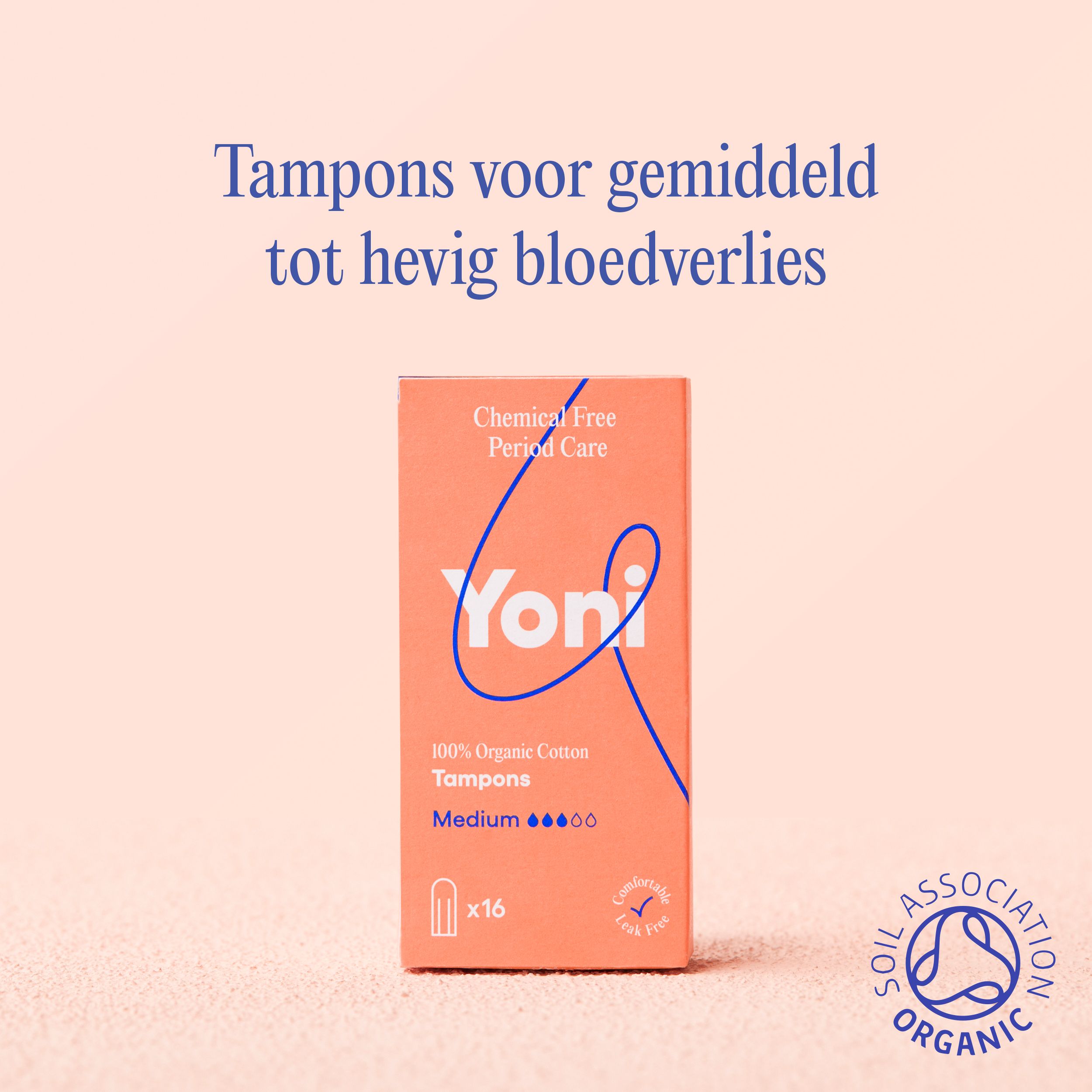 Tekst: Tampons voor gemiddeld tot hevig bloedverlies. Een pakje Yoni tampons. Achtergrond: roze.
