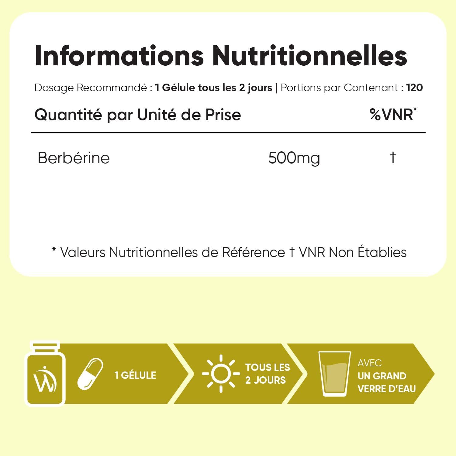 Informations nutritionnelles pour la berbérine 500mg, 120 portions, 1 gélule tous les 2 jours avec de l'eau.