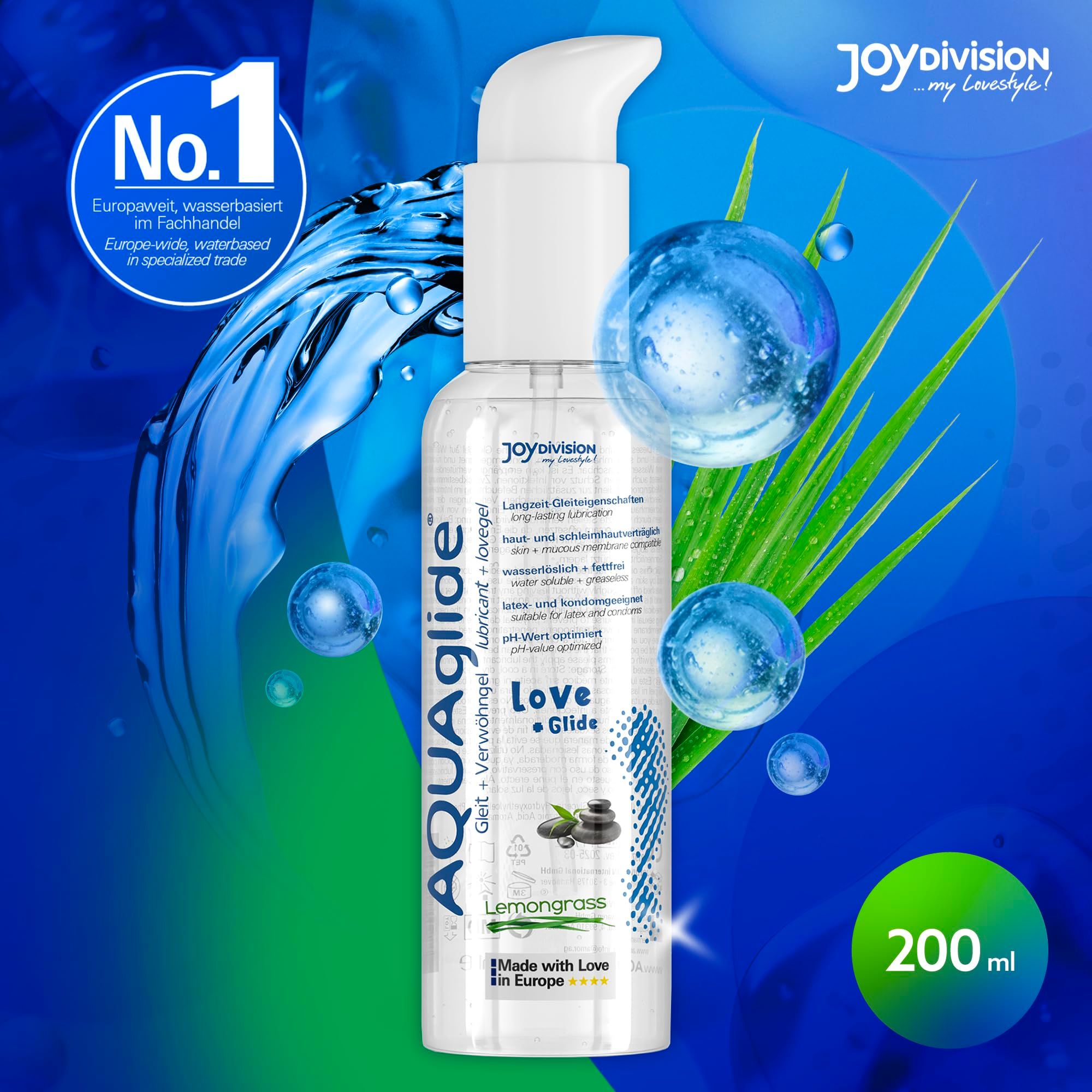 AQUAGLIDE Massage + Glide Lemongrass flacon pompe avec effets d'eau.